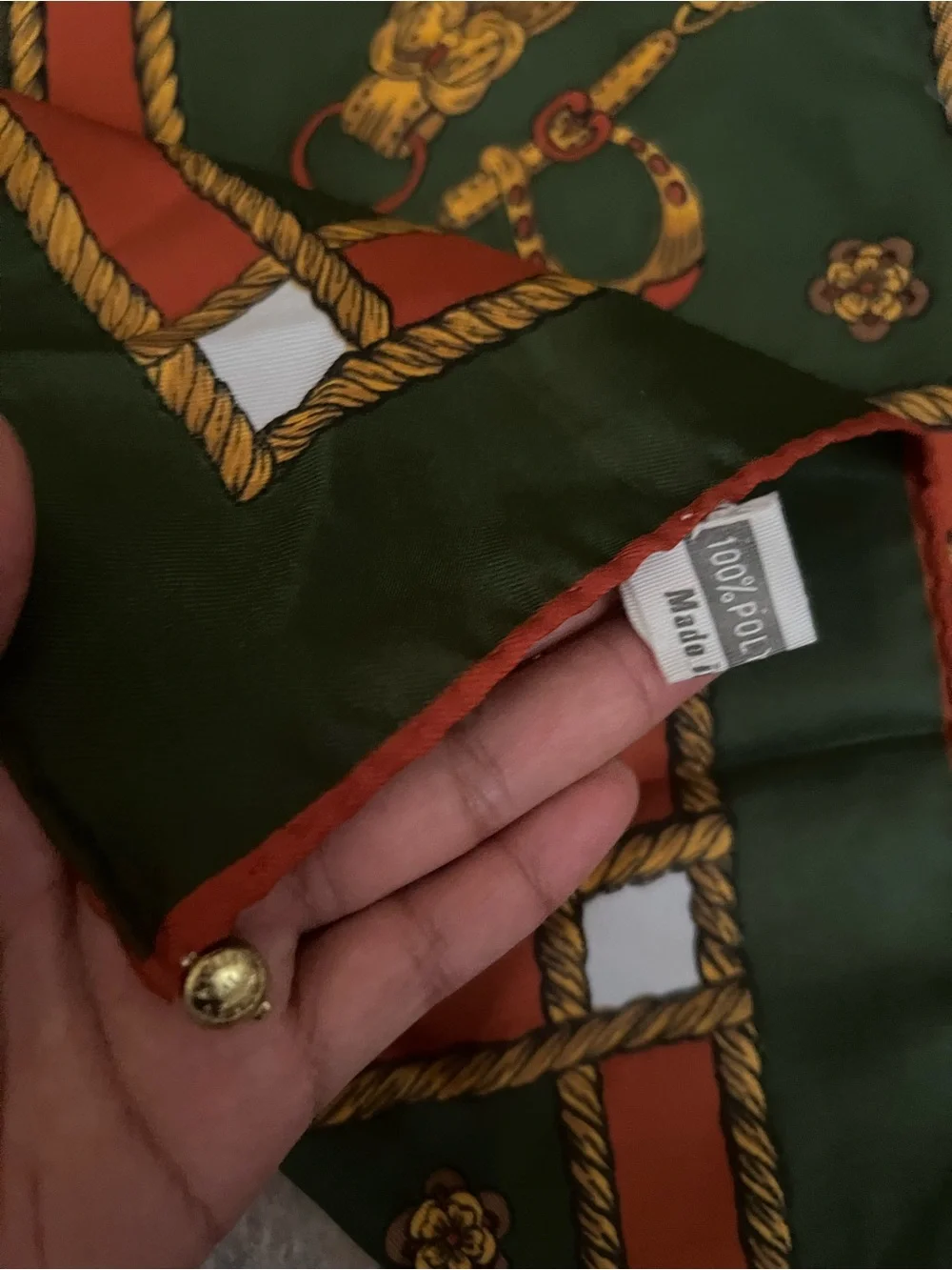Vintage italiana Green & Gold Equestrian Print Silk Scarf
